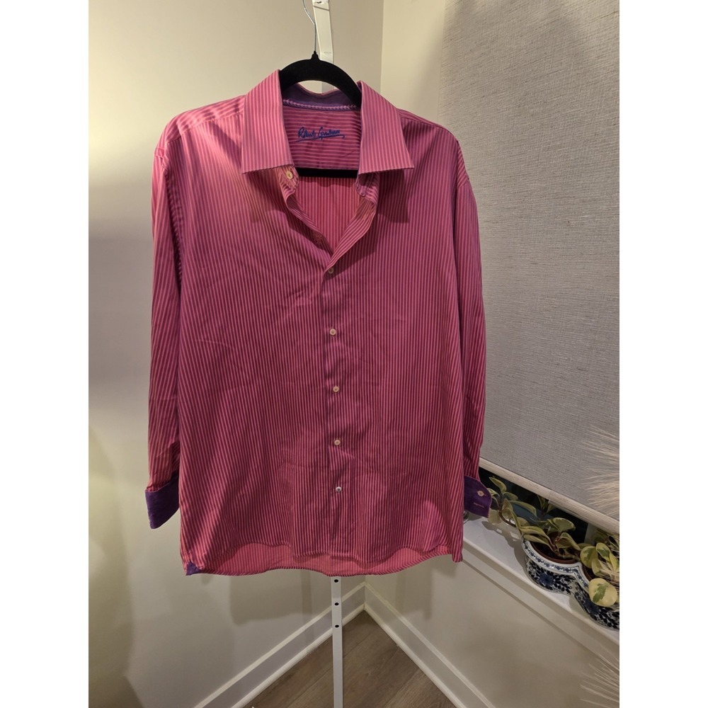 Robert Graham Mens XL Pink Purple Striped Long Sleeve Shirt Dragon Cuffs Cotton